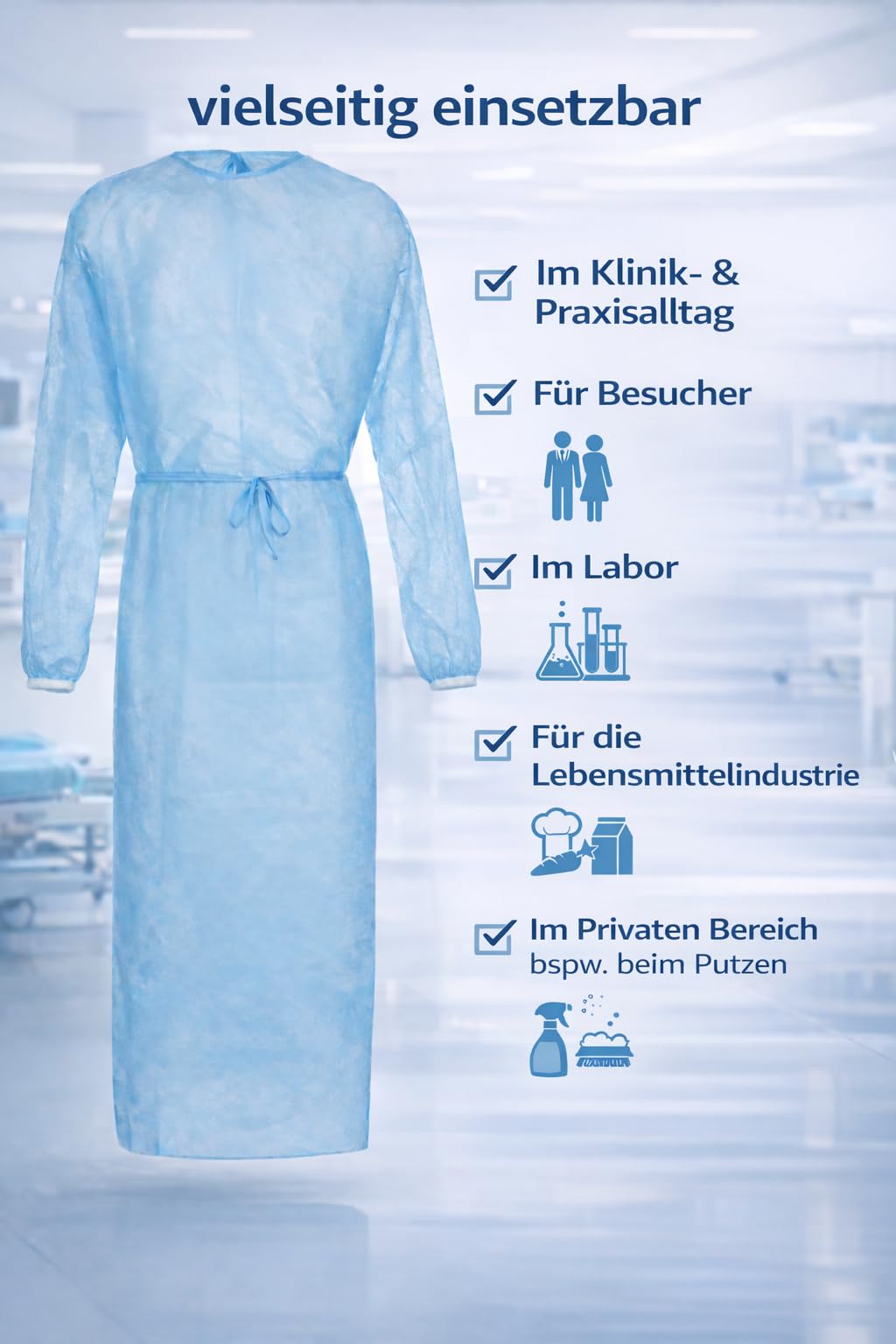 100 sztuk jednorazowych fartuchów dla gości, niebieskie – fartuchy ochronne, fartuchy op, fartuchy szpitalne, fartuchy dla pacjentów, jednorazowe fartuchy ochronne, do gabinetu, pielęgnacji i
