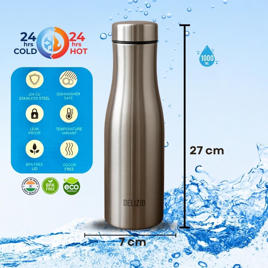 Image of KEMP DELIZIO Edition Stainless Steel Fridge Water Bottle 1000 ML | 1 L | Single Walled | Office | Gym | Travelling | Leak Proof LID | ECO Friendly | BPA Free | for Adult, Kids (Flora-6 Pack)