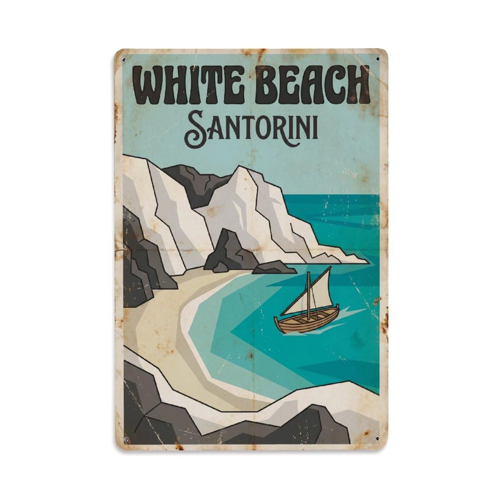 Este 8X12inch Style Vintage Travel White Beach Santorini Coast Metal Tin Sign
