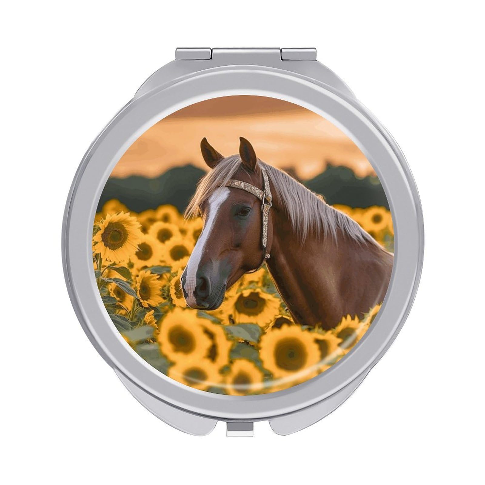 JTREHY Yellow Sunflower Horse Makeup Mirror Portable Folding Mirror Compact Travel Mirrors 2-Sided Round Pocket Mirrors Cute Handheld Beauty Mirror for Handbag Purse for Women Gift