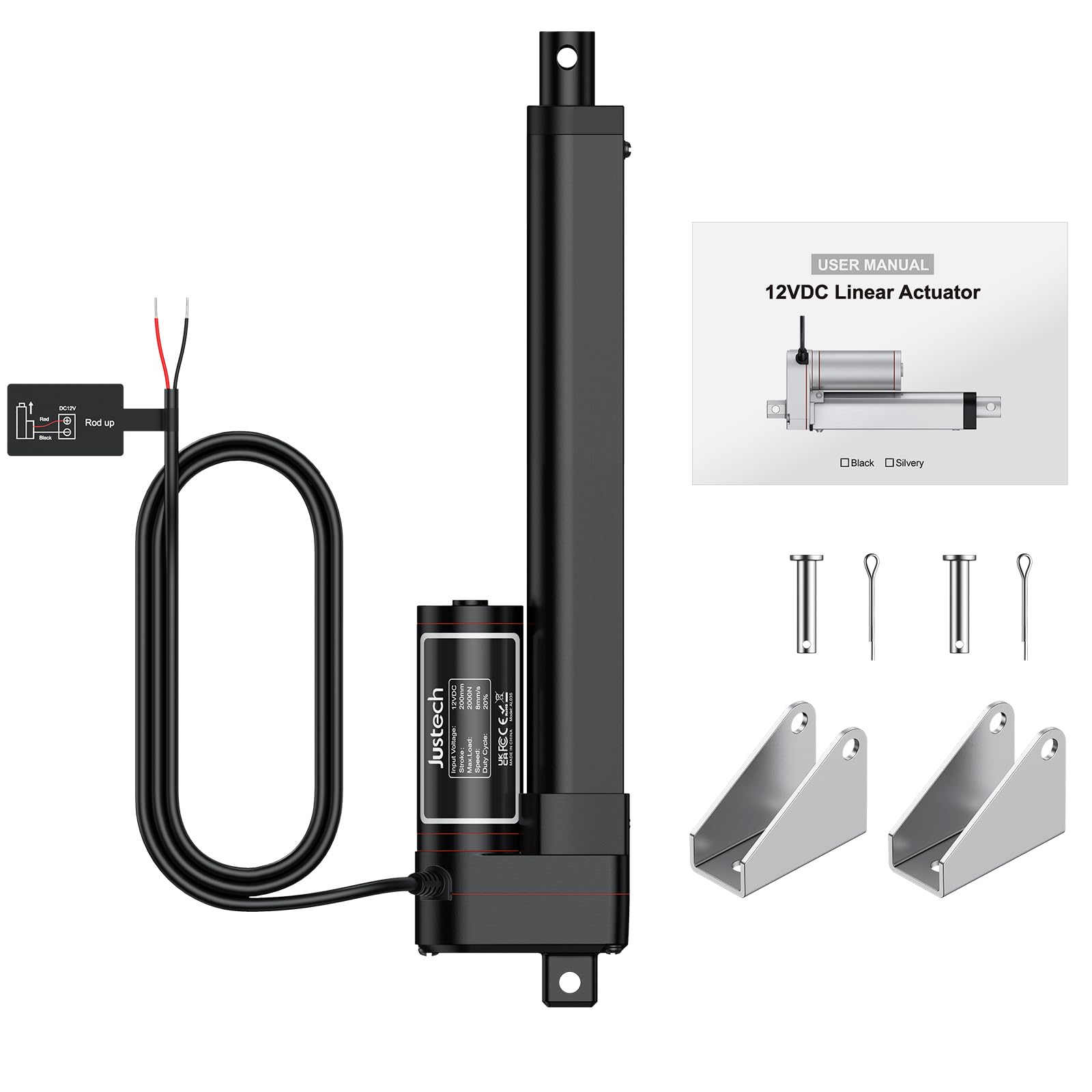 Justech Actuador Lineal 12V,Motor Actuador Lineal 2000N 200mm,Impermeable IP54,Aleación de Aluminio para Equipos Médicos,Línea de Producción,Mesa Elevadora,Sofá