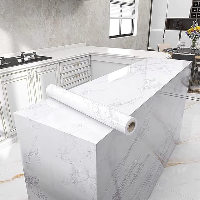 Sticky Back Plastic Paper Gray/White Self Adhesive Wallpaper Marble Contact Paper 30 cm X 200 cm Vinyl Film Glitter Granite Furniture Sticker Wall Door Countertop Waterproof Removable Peel and Stick