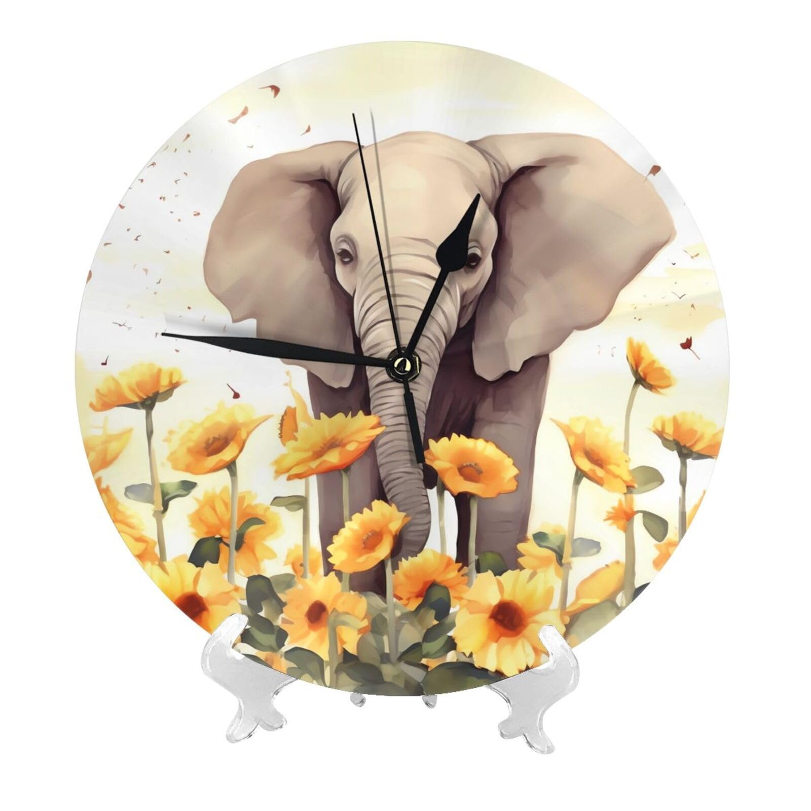 DWVTSLH Elephant and Sunflower Wall Clock 10 Inch Silent Non-Ticking Modern Clocks Battery Operated - Decorative Wall Clocks for Bedroom Living Room Kitchen Office Wall Decor Gift Idea