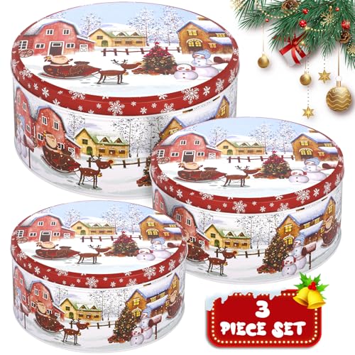 MTINRNI Winter Collage Accessoires,Caja Galletas Metalica Redonda,3PCS Tarro Galletas con Tapa,Multifuncional Caja Metalica,Cajas Navidad,Multicolor.para Almacenamiento de Galletas,Dulces y Regalos.