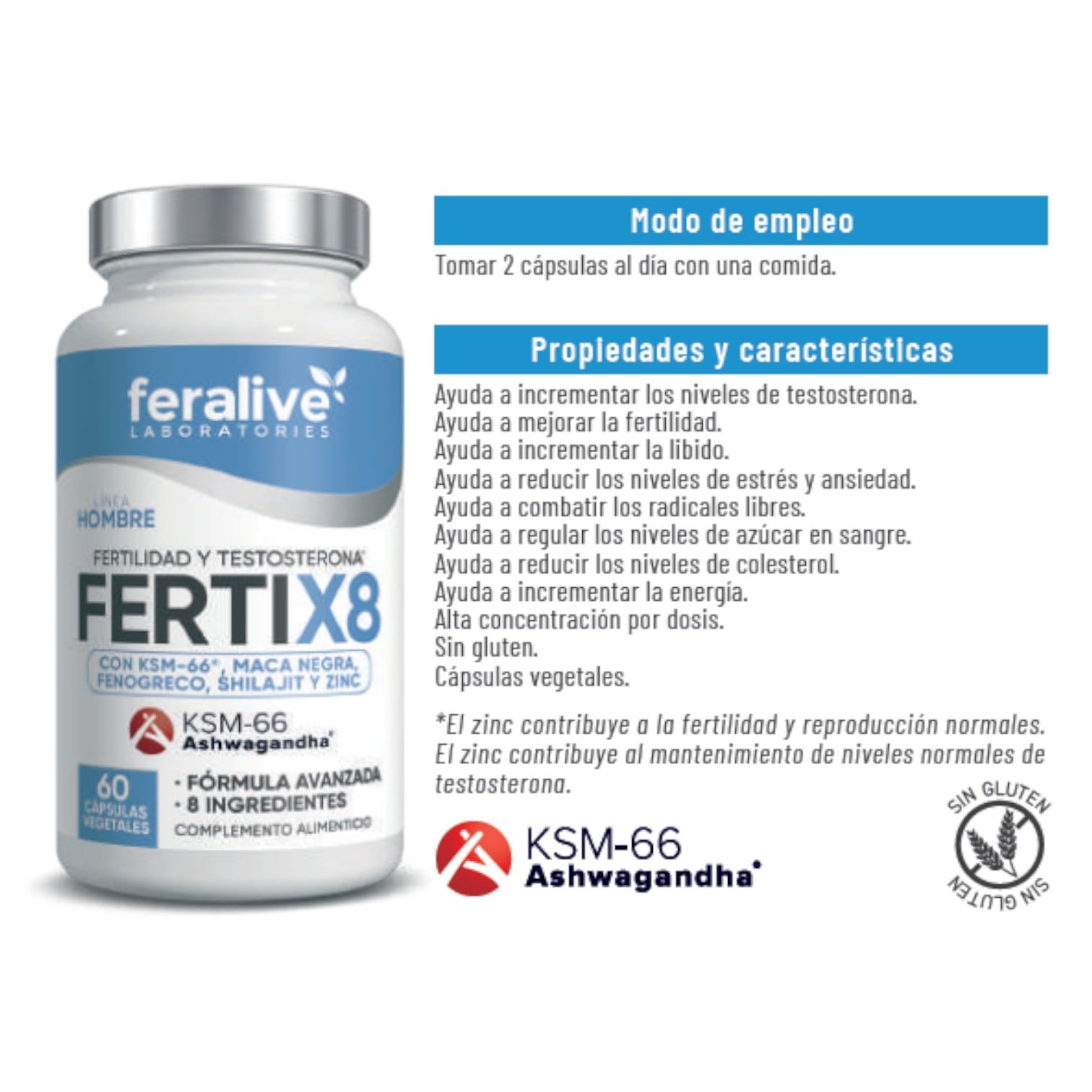 FERTI X8 60 Cápsulas – Maca Negra + KSM-66® Ashwagandha + Fenogreco + Shilajit + Zinc – Suplemento para Fertilidad Masculina, Testosterona y Vitalidad