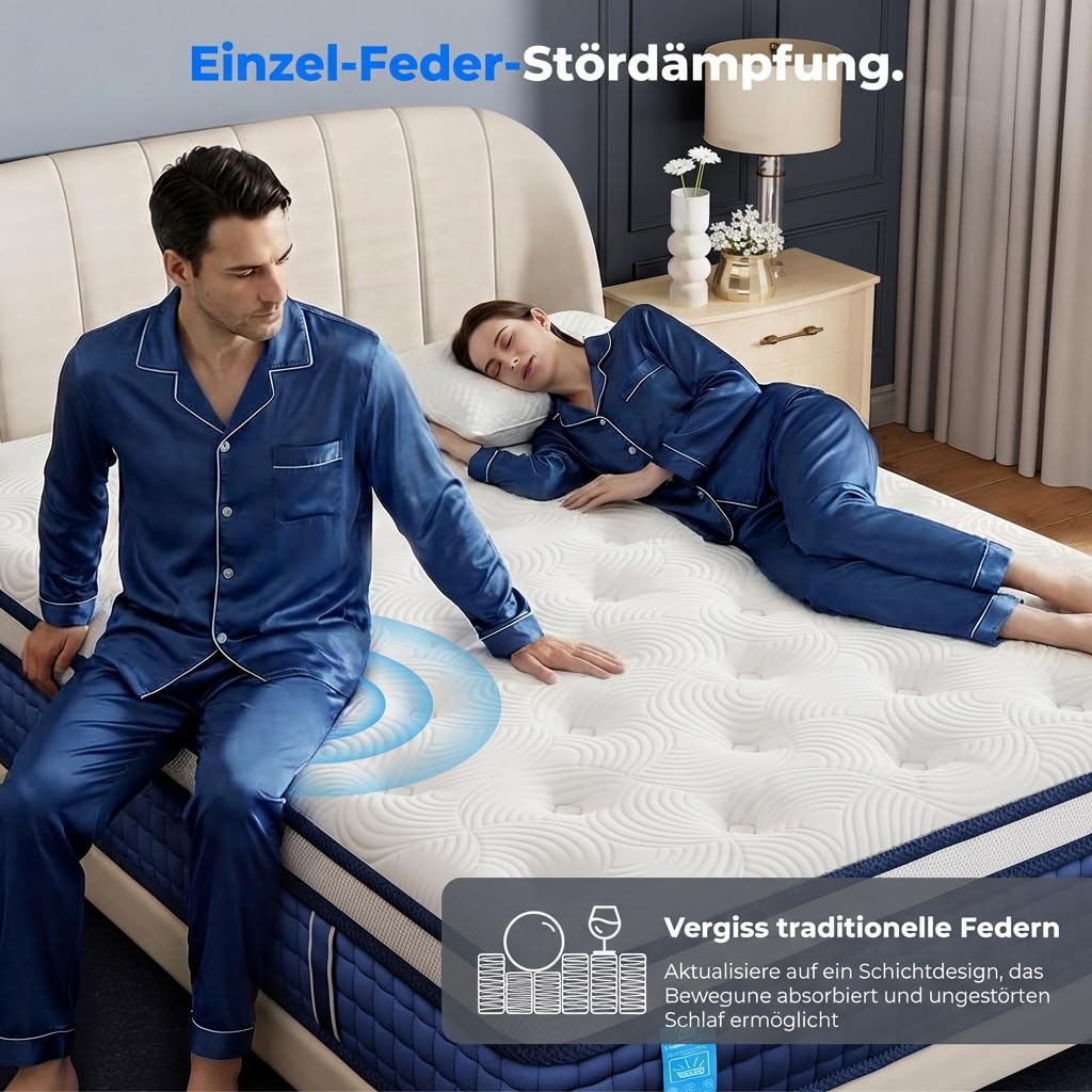 HOMRELEXA Taschenfederkernmatratze 90x200 H3, 26 cm Hybridmatratze mit Gel-Viscoschaum, 7-Zonen Orthopädische Matratze, Atmungsaktiv, Druckentlastend, Kantenverstärkt, Oeko-TEX & CertiPUR