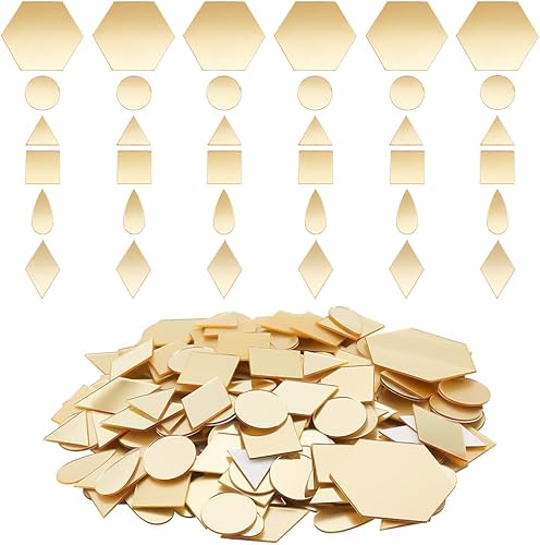 PH PandHall - 300 espejos dorados de 6 formas para manualidades, azulejos de espejo autoadhesivos, calcomanías de espejo para manualidades, círculos