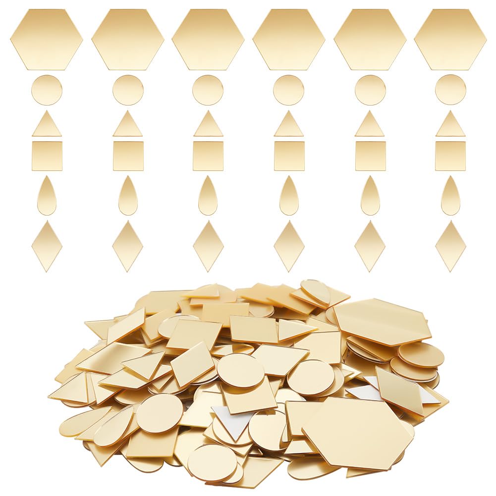 PH PandHall 300pcs 6 formas Espejos Dorados para Artesanía, Azulejos de Espejo Autoadhesivos de Acrílico Pegatinas de Espejo Artesanal Pequeños Círculos de Espejo para Enmarcar Artesanía