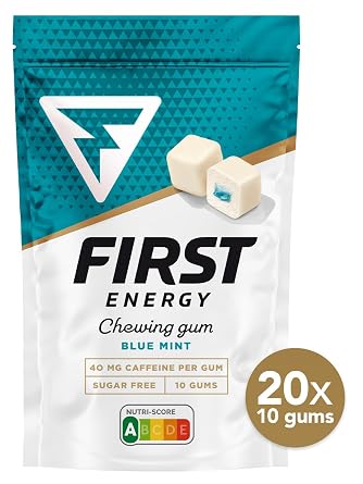 First Energy Caffeine Gum - Boost Your Energy on the Go - Fast-Acting Energy Gum for Instant Alertness and Focus - Sugar-Free, Zero Calories - Perfect for Workouts, Study, and Travel - 10 Pieces x 20 pack