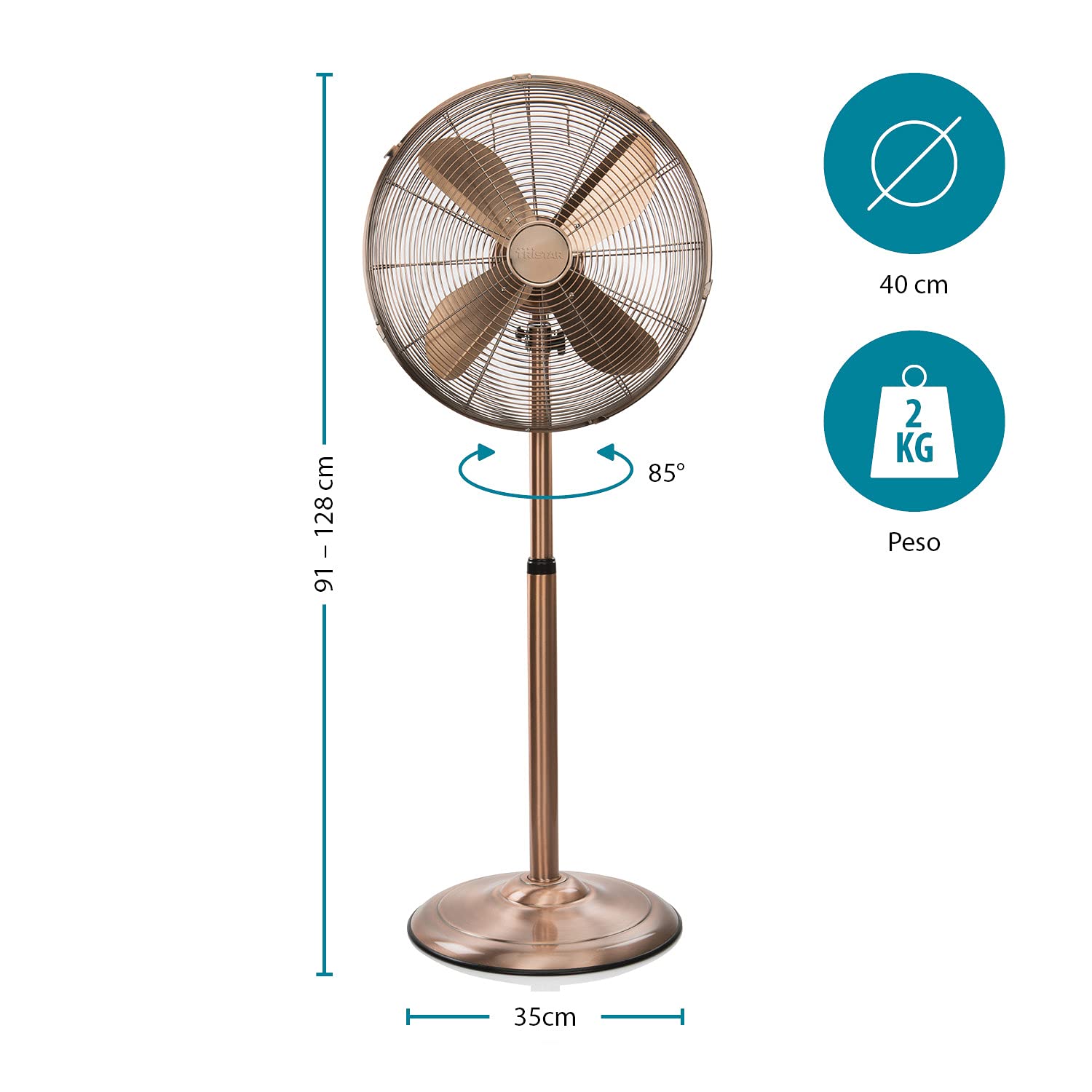 Ventilatore a Piantana Retrò Tristar VE-5971, 50 watt, Design vintage, Altezza da 100-128 cm, Finitura in rame, Metallo resistente