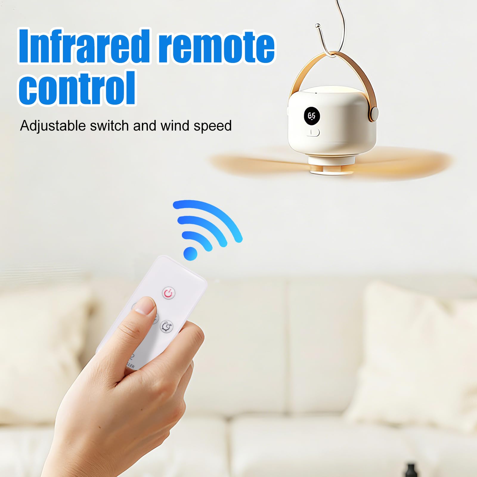 Ventilatore da campeggio USB con luce LED a 5 velocità, ricaricabile con telecomando