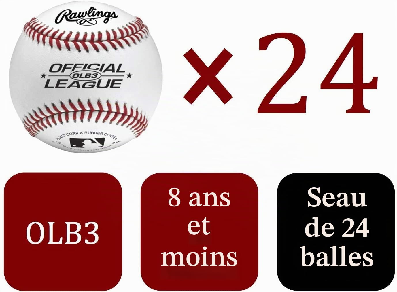 Rawlings Lot de 24 balles de Baseball Officielles de la Ligue des Loisirs | Jeunesse / 8U | OLB3 | Seau
