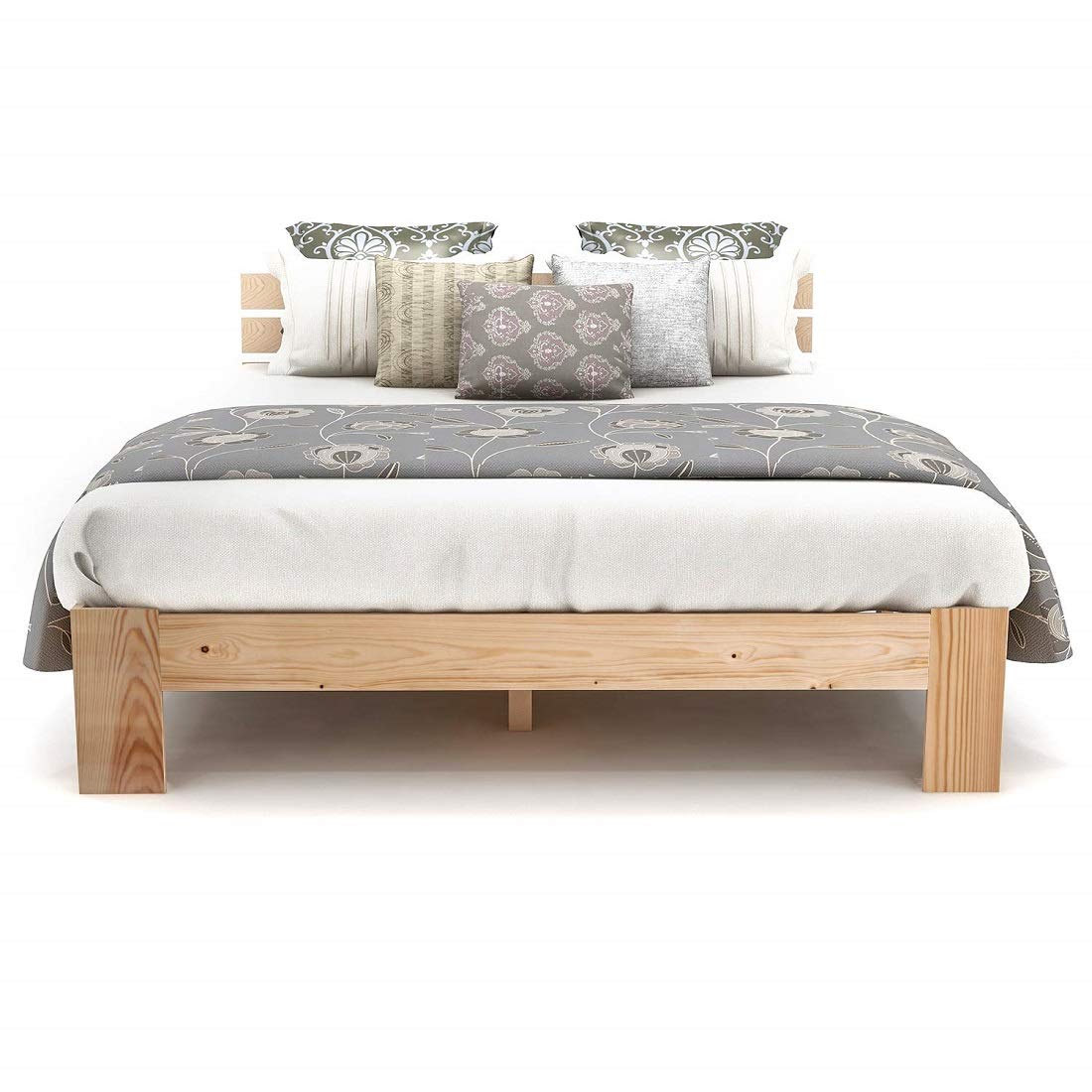 Merax Massivholzbett Holzbett Doppelbett, Bettrahmen aus Holz mit Kopfteil und Lattenrost, 140 x 200 cm, Holzlattenunterstützung, Stauraum unter dem Bett, Schlafzimmermöbel, Eichefarbig