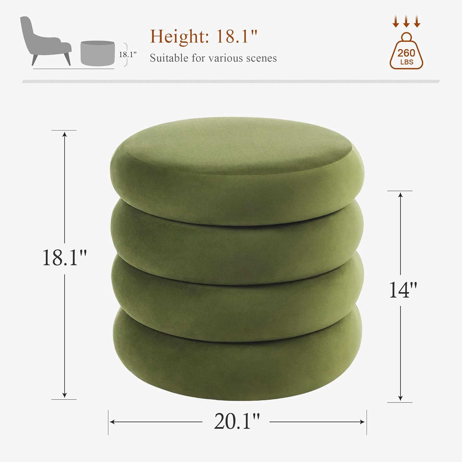 20.1 Inch Round Storage Ottoman, Modern Velvet Ottoman Coffee Table with Removable Top, Green Vanity Stool with Storage for Bedroom, Living Room, Dorm, Set of 1