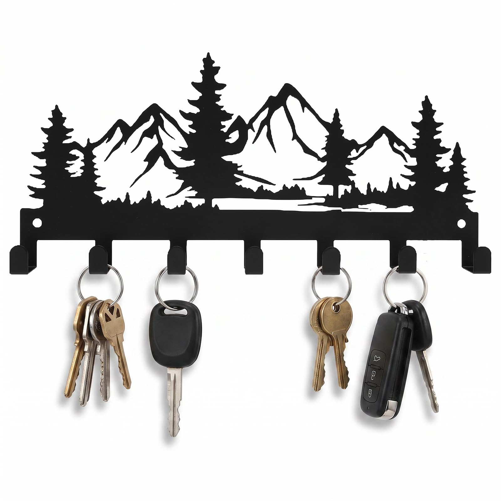 CBWERBB Key Holder for Wall,Black Mountain Themed Metal Key Hooks Wall Mounted with 7 Hooks,Easy Install Keys Hanger Rack for Entryway,Home,Hallway,Office & Door Decor