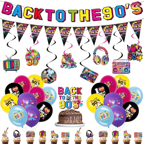 90er Party Deko Banner Ballons - 43 Stück 90s Geburtstag Dekorationen mit Back To The 90s Girlande Flagge Wimpel und 90er Jahre Luftballons Bunte für Disco RocknRoll Thema Party Deko
