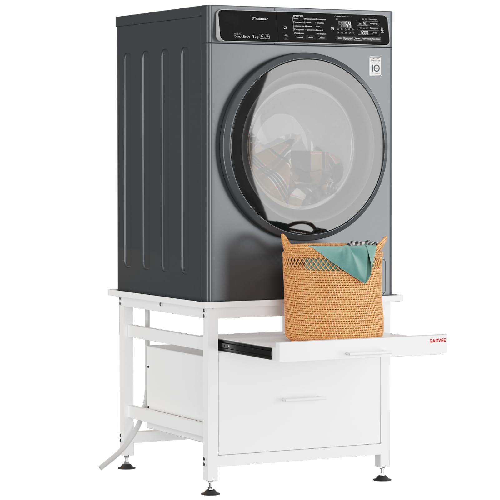 Garvee 29" Heavy Duty Metal Washer and Dryer Pedestals with Pullout-Shelf and Drawer, Universal Fit Anti-Vibration Washer Dryer Base with Adjustable Feet, Up to 850 LBS Capacity, 29"x29''x23'', White