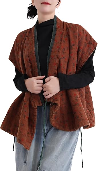 LZJN Womens Cotton Double-Layer Vest Short Sleeve Chinese Hanfu Vintage Jacket Kimono Cardigan Floral Printing Waistcoat