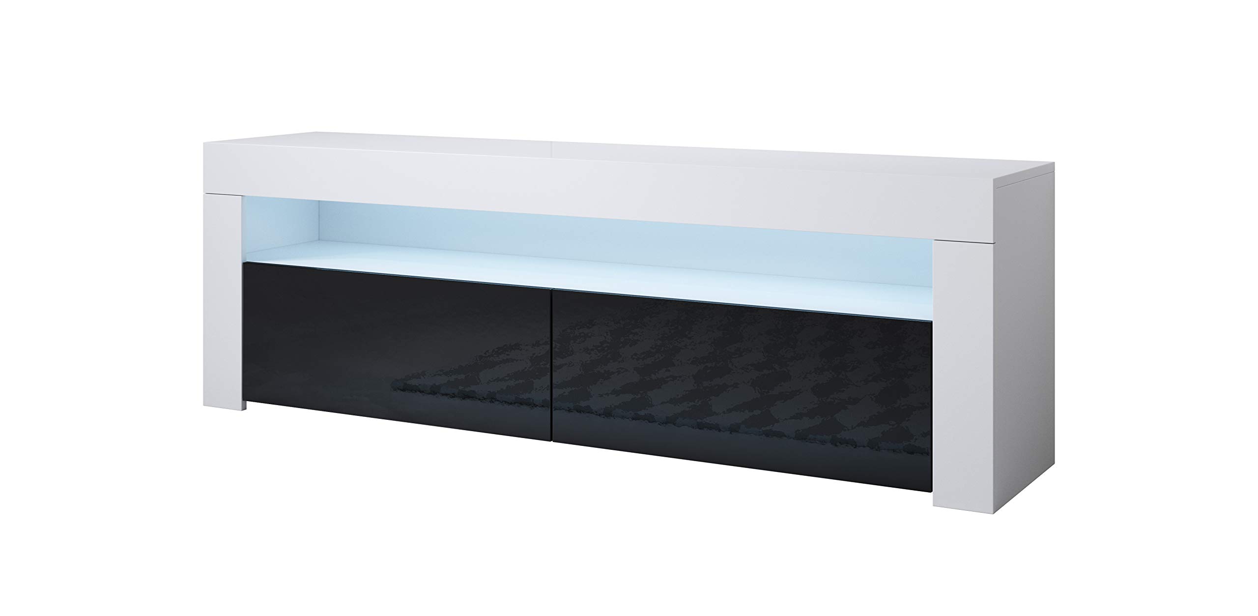 MB Muebles Bonitos - Meuble TV Aker - Support Télévision Design Moderne avec Éclairage LED - Buffet Bas de Salon - Meuble Multimédia - Blanc et Noir Brillant - 140 x 51 x 35 cm