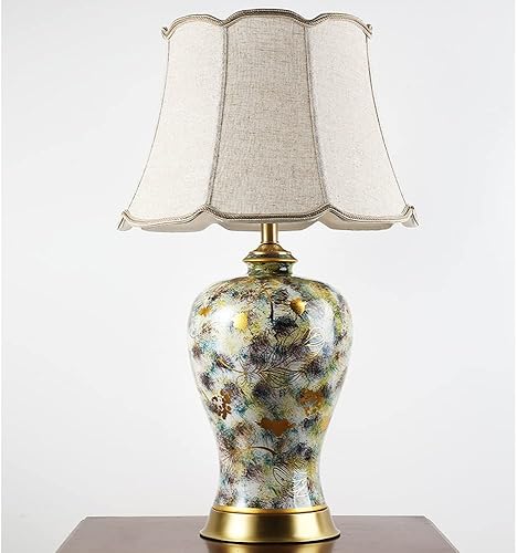 Miniatura 7 de TAMYUSE Lámpara de mesa de cerámica creativa para dormitorio, lámpara de escritorio con pantalla de tela, lámpara de noche de jarrón pintada a mano