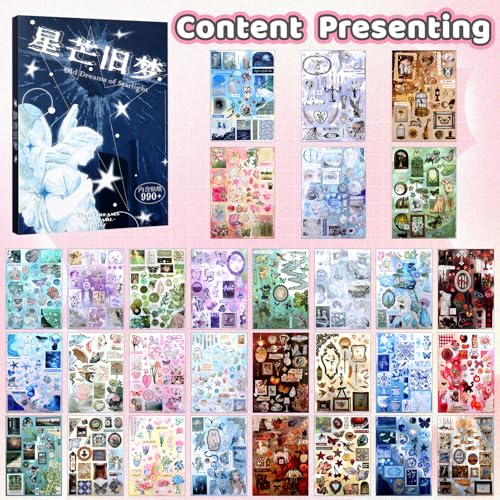 Image of 990Pcs Cute Scrapbook Stickers Travel Y2k Japanese Sticker Book for Adult Kawaii Korean Stickers for Journaling Laser Aesthetic Sticker Glitter Toploader Decor for DIY Card Art Craft 30 Page Starburst
