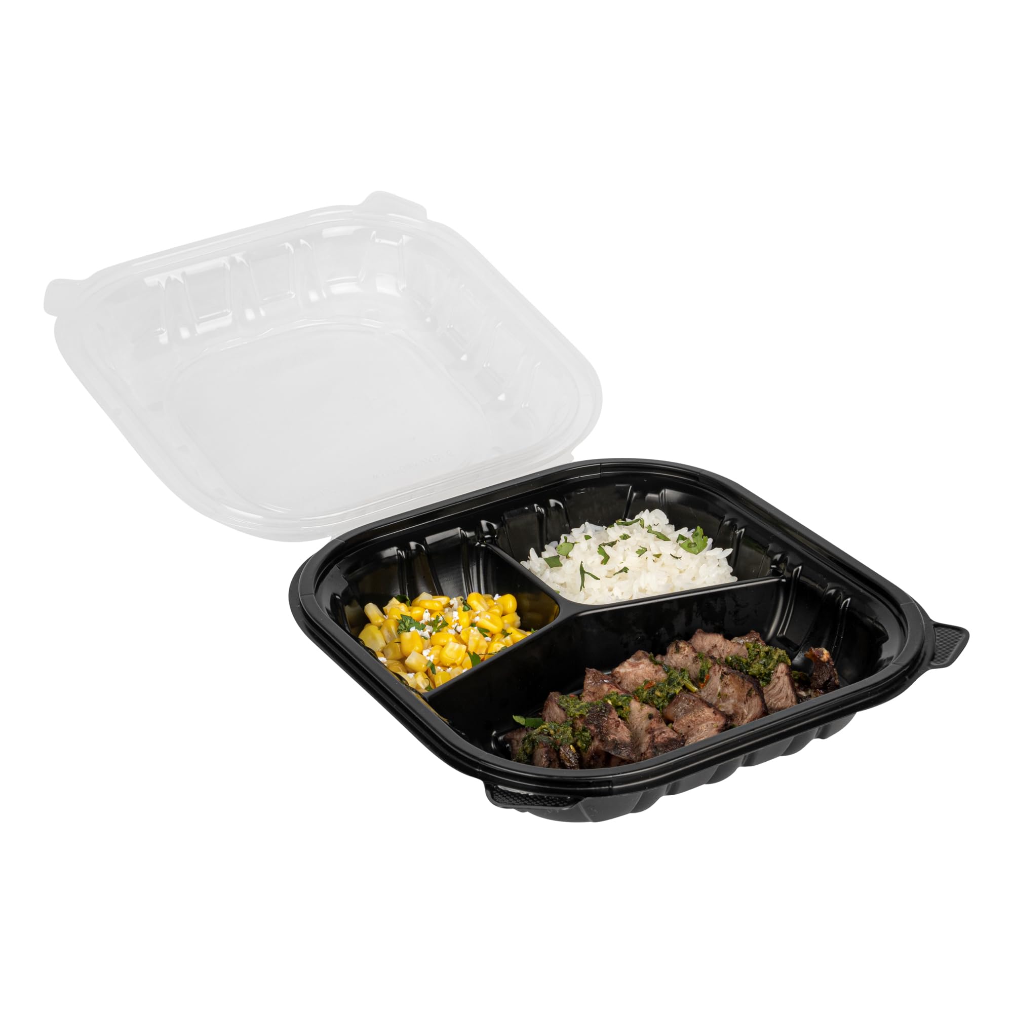 Restaurantware Thermo Tek pojemniki z klapką, 50 jednorazowych pudełek na wynos – 3 przegrody, wentylowane pokrywki, czarne plastikowe pojemniki do przygotowywania posiłków, nadają się do kuchenki