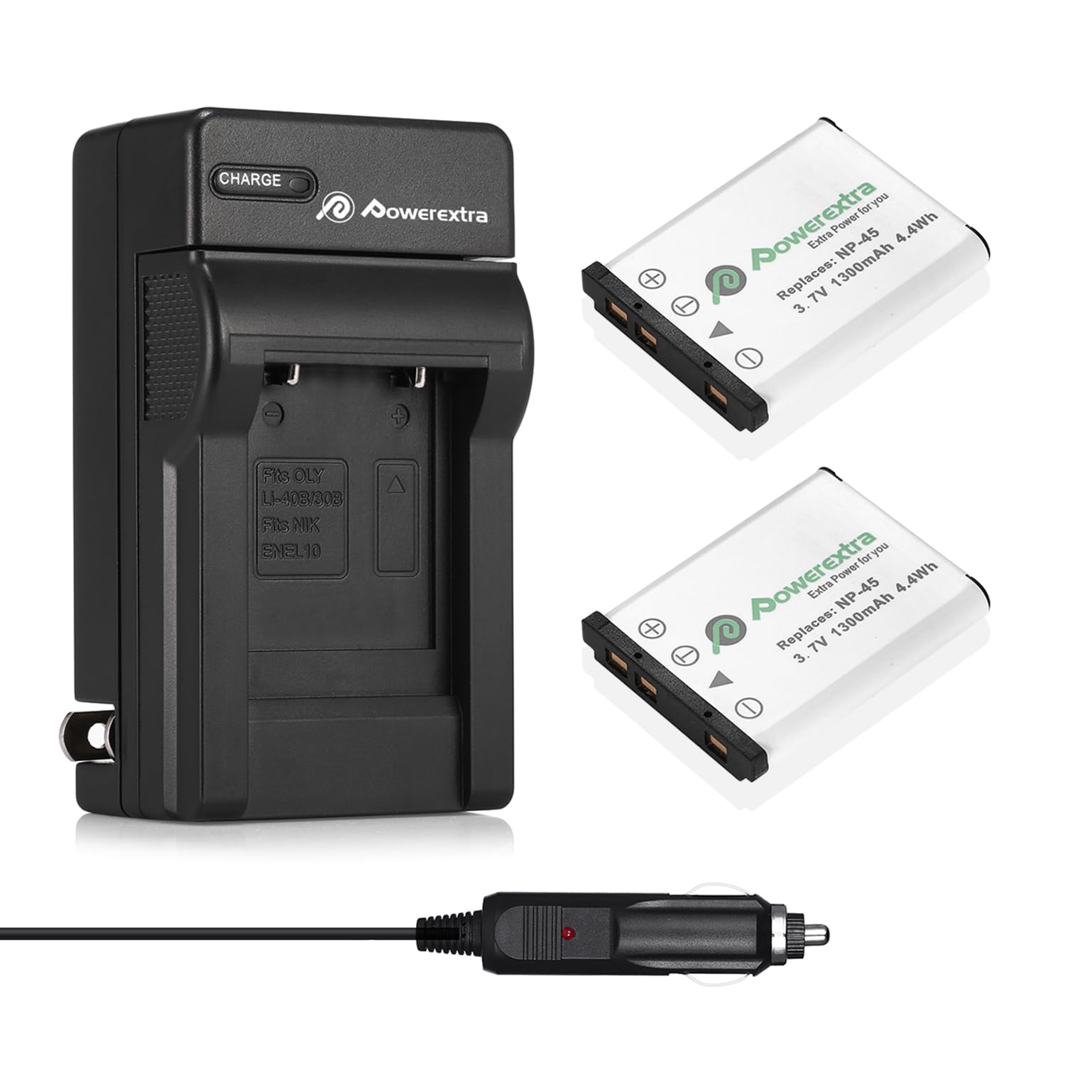 Powerextra 2 Pack Rechargerable Replacement Li-ion Battery with Charger For Fujifilm NP-45 NP-45A NP-45B NP-45S and Fujifilm FinePix XP20 XP22 XP30 XP50 XP60 XP70 T350 T360 T400 T500 T510 T550 T560 JX500 JX520 JX550 JX580 JX590 JX700 JX710 JZ700 Digital Camera(Free Car Charger Available)
