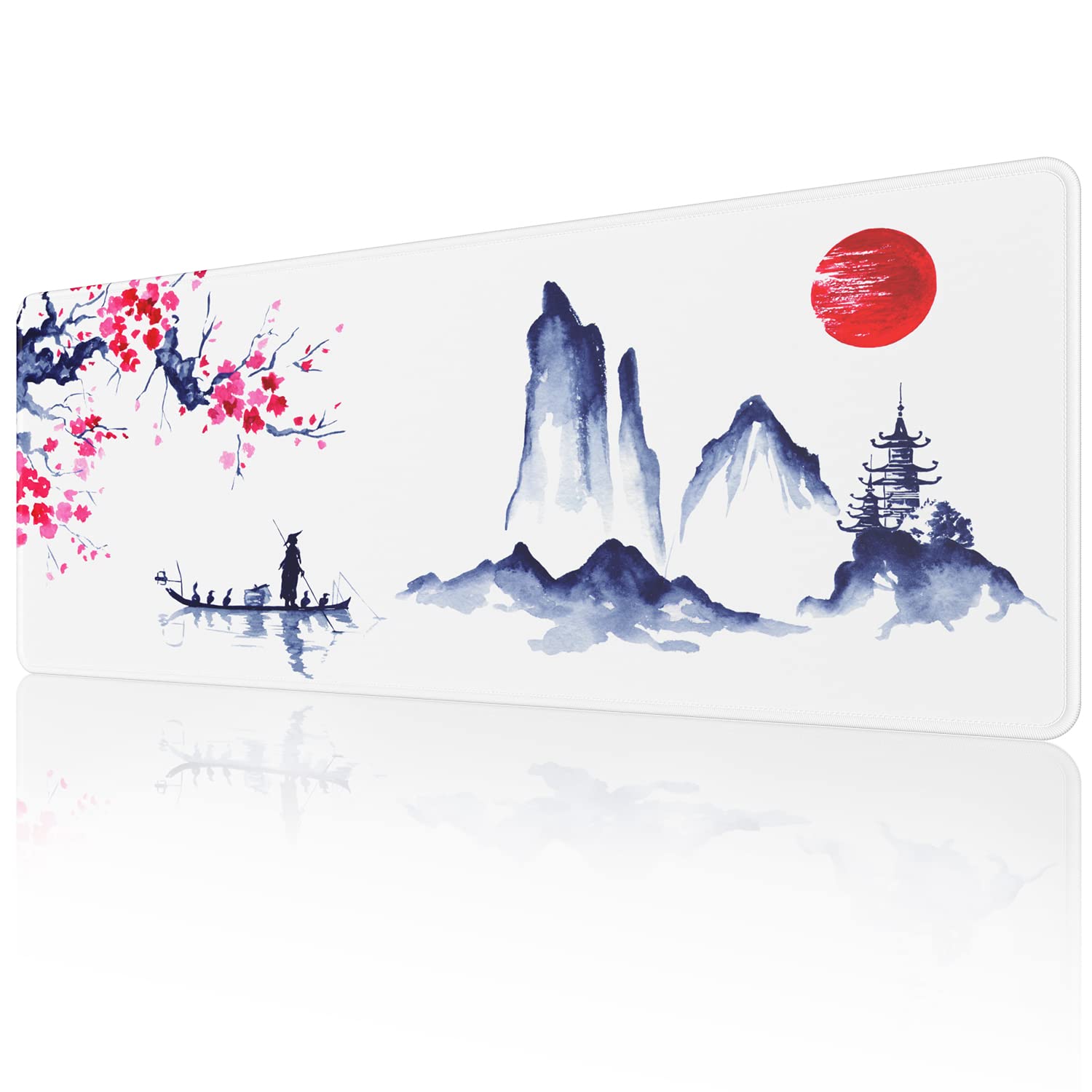 EFISH Japanese Cherry Blossom White Mouse Pad (31.5 × 11.8 × 0.12 inch) Extended Large Mouse Mat Desk Pad, Stitched Edges Mousepad,Non-Slip Rubber Base,Gaming Mouse Pad XL