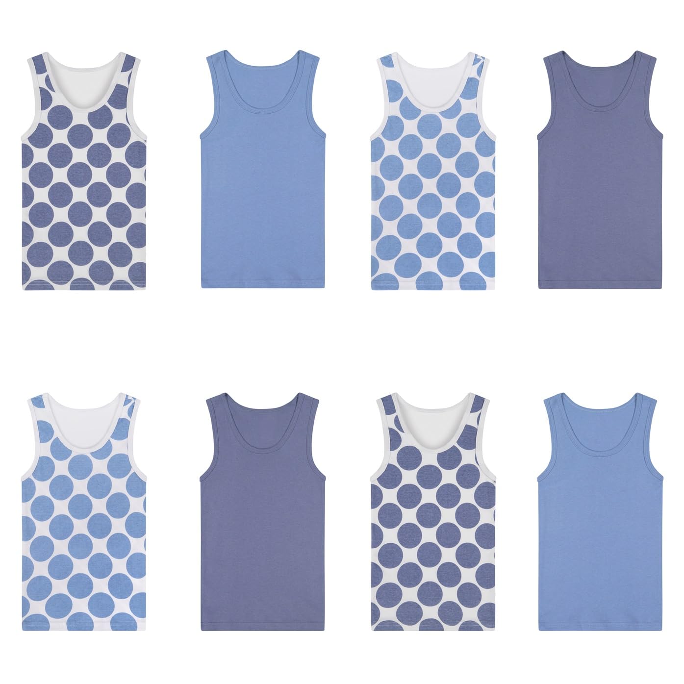 Buyless Fashion Boys U-Ausschnitt Tagless Unterhemden Weiche Baumwolle Blau Polka Dot Tanktop (8er Pack)