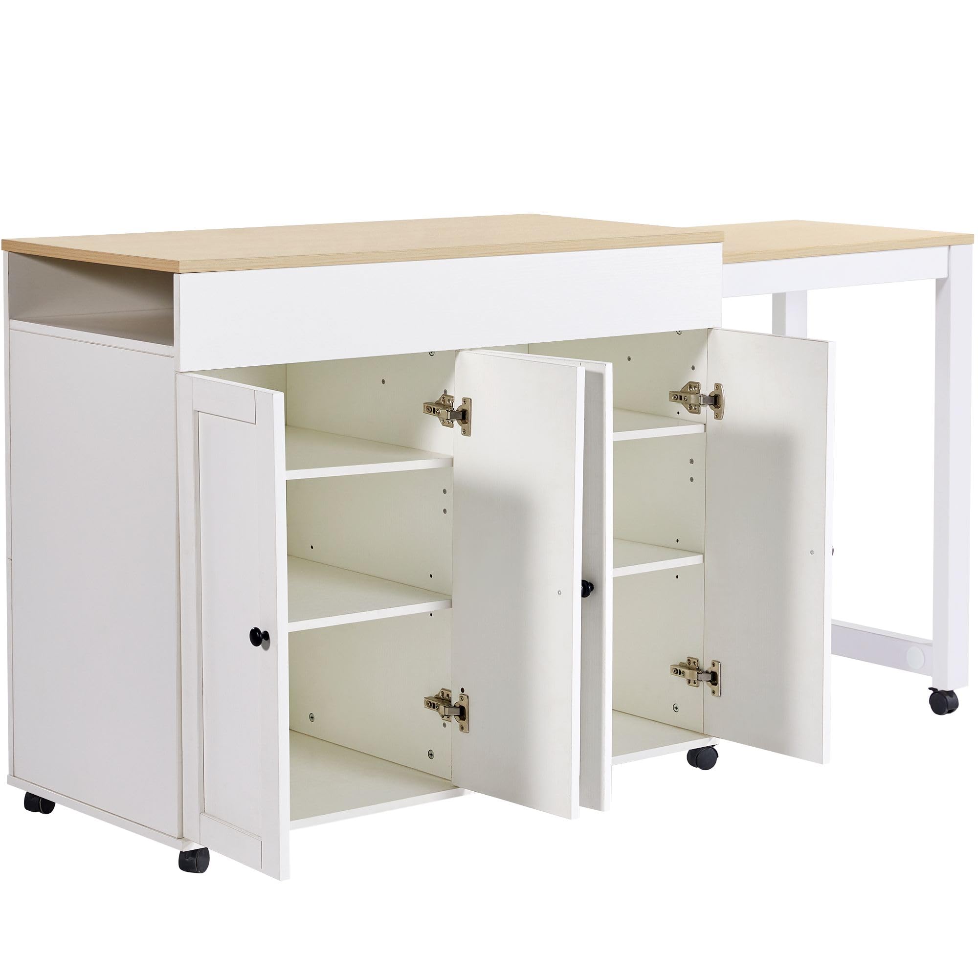 Mesa de bar extensible (118-180×50×94cm), isla de cocina extensible con espacio de almacenamiento, con seis estantes, mesa de bar, para comedor, para usar como divisor, color blanco