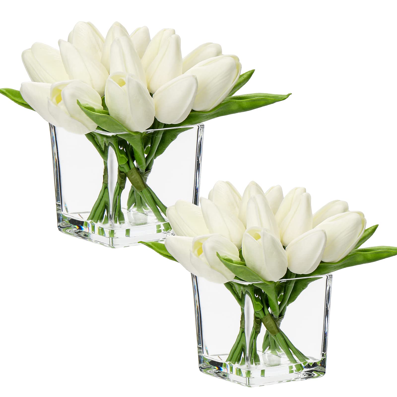 Eyamumo Vaso In Vetro Trasparente Con 20 Tulipani Artificiali In Seta - Decorazione Casa, Altezza 20 Cm E 35 Cm - 2
