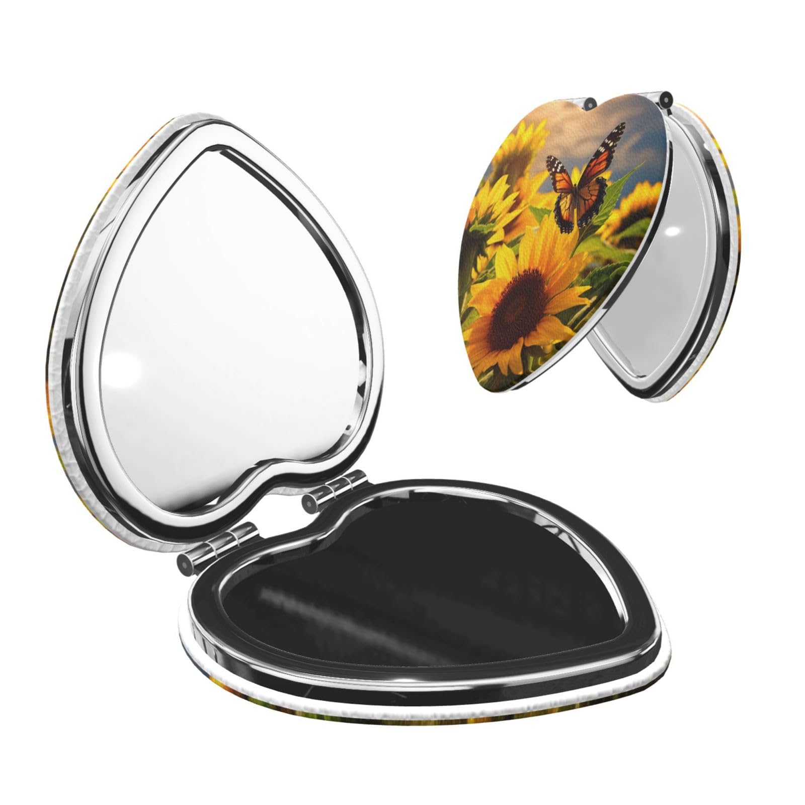 DWVTSLH Sunflower Butterfly Compact Mirror for Purse, Double-Sided 2X/1X Magnifying Mirror for Women Men, Travel Makeup Mirror for Handbag, Handheld Vanity Mirror for Gift