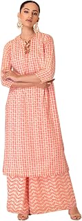 Indya Women's GEORGETTE Floral 3/4 Sleeve Regular Pink Foil Print Straight Kurta And Palazzo Pants (Set of 2) pack 1