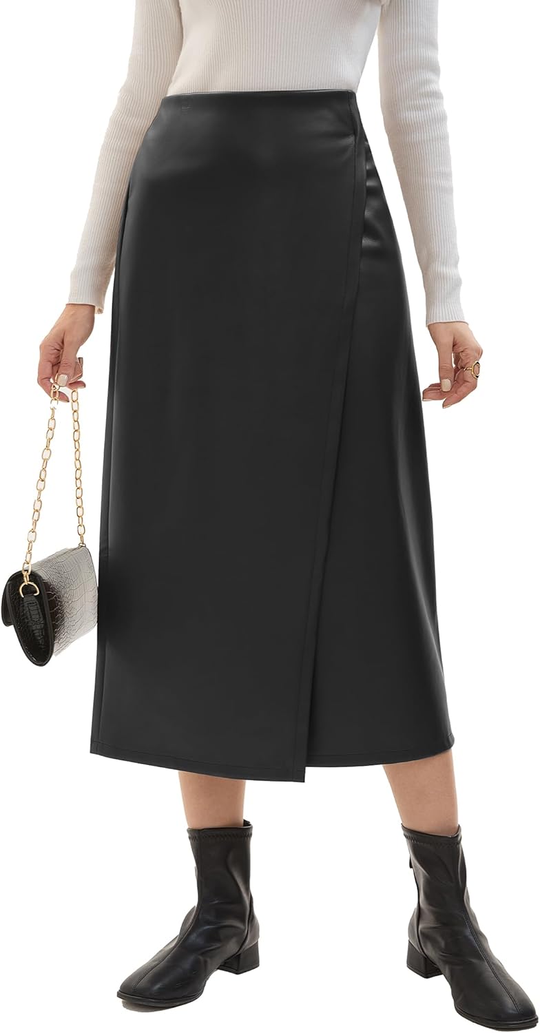 Women's Faux Leather Midi Skirt High Waist Slit for Daily Casual Outdoor Office Work