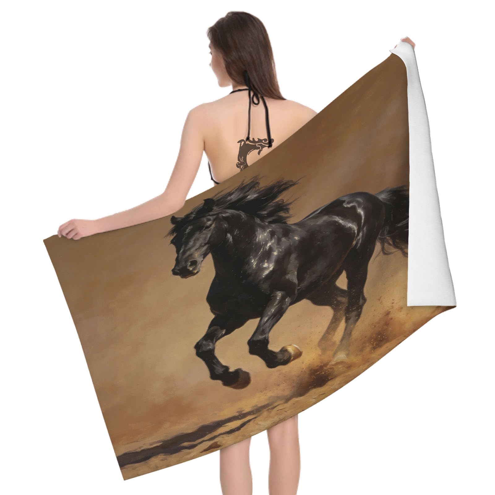 Leichong 3D Running Horse Illustration Beach Towel Microfiber Soft Quick Dry for Adults, Black Steed Bath Towel Lightweight Soft Absorbent for Travel Swimming Pool Sports, 75 x 150 cm