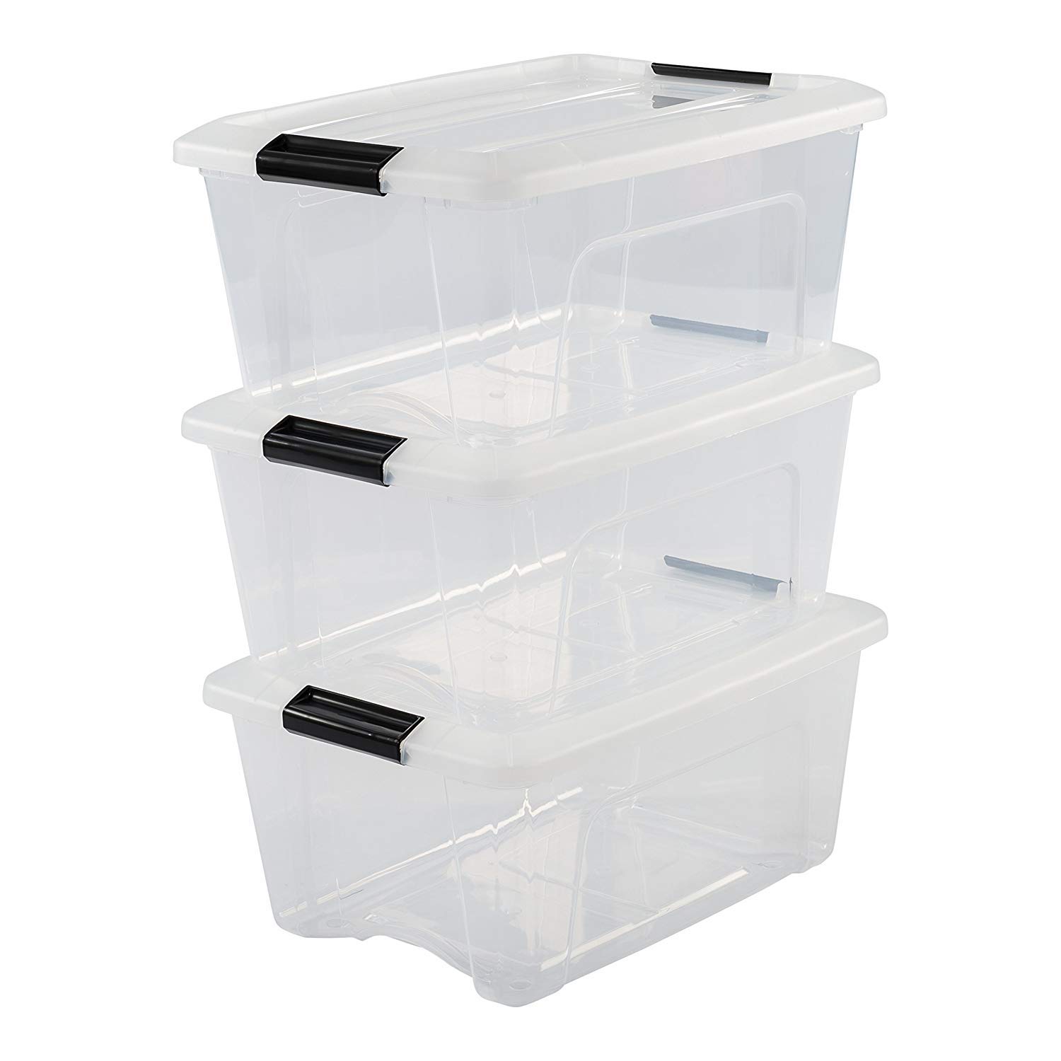 Iris OhyamaPlastic storage boxes with lid and closing clips, 15L, Set of 3, Integrated Handles, Stackable, BPA free, Bedroom, Office, Living room, NTB-15, Clear