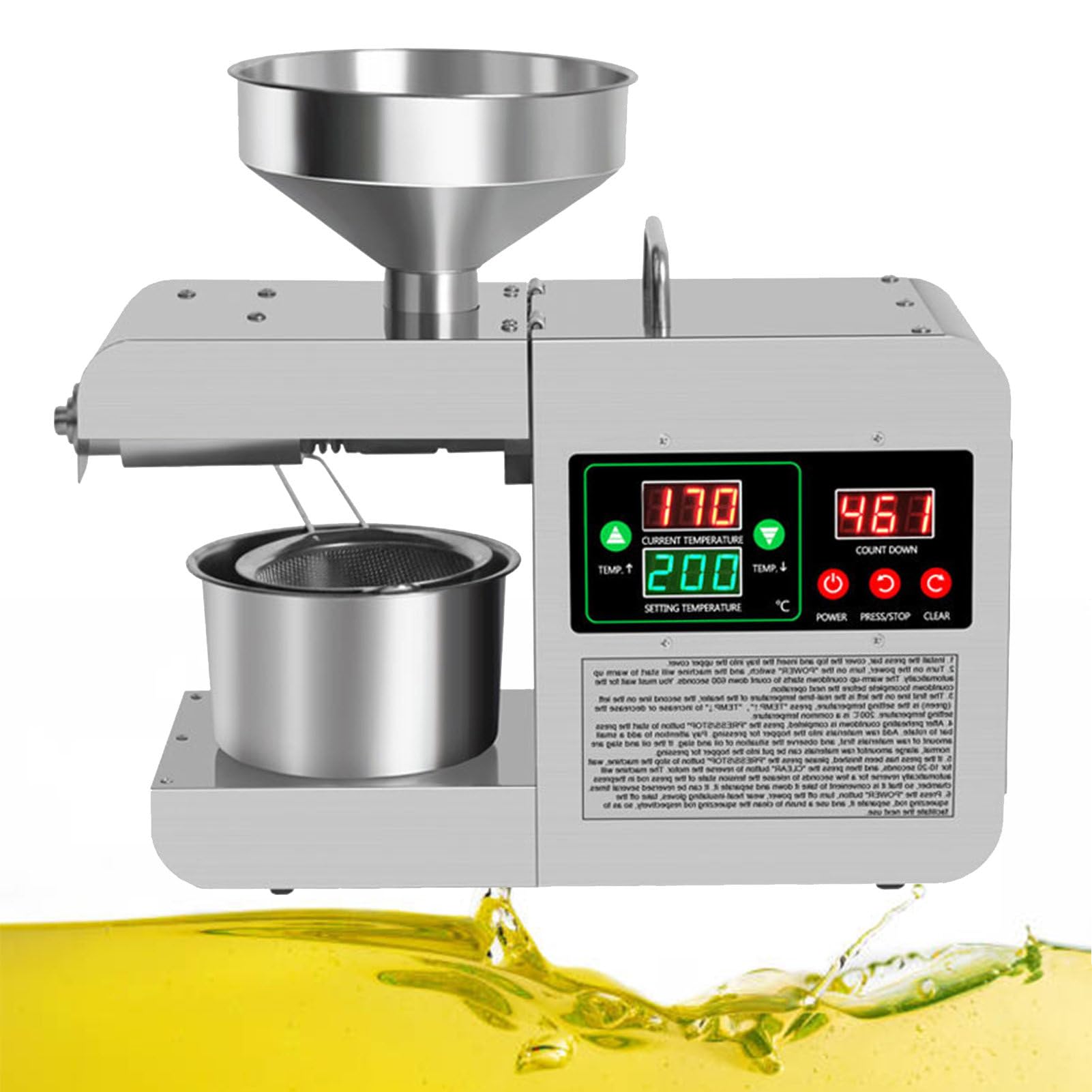 MYUYEE 820w Oil Press Machine,Commercial Automatic Cold/Hot Oil Expeller with Oil Cup/Strainer,Stainless Steel Electric Oil Press Extractor - Temperature Adjustment 50-250℃/Pressing Speed: 3-5KG/h
