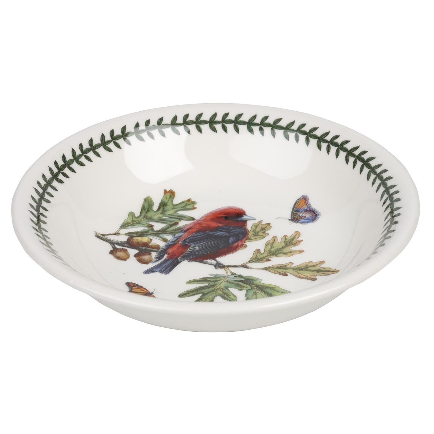 Portmeirion Botanic Garden Birds 8.5" Pasta Bowl, Scarlet Tanager Motif with Laurel Rim - Microwave & Dishwasher Safe, Made in England - Mix & Match Tableware Collection for Thoughtful Gifting