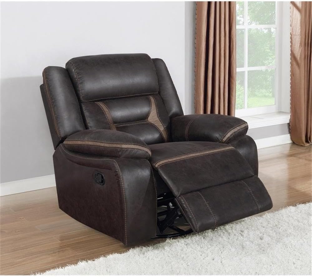 Pemberly Row Faux Leather Upholstered Tufted Back Glider Recliner, Dark Brown Finish, Manual Reclining Seat, Smooth Gliding Mechanism, Contrast Stitching, Pocket Coil Cushions, 40" H x 41" W x 38" D