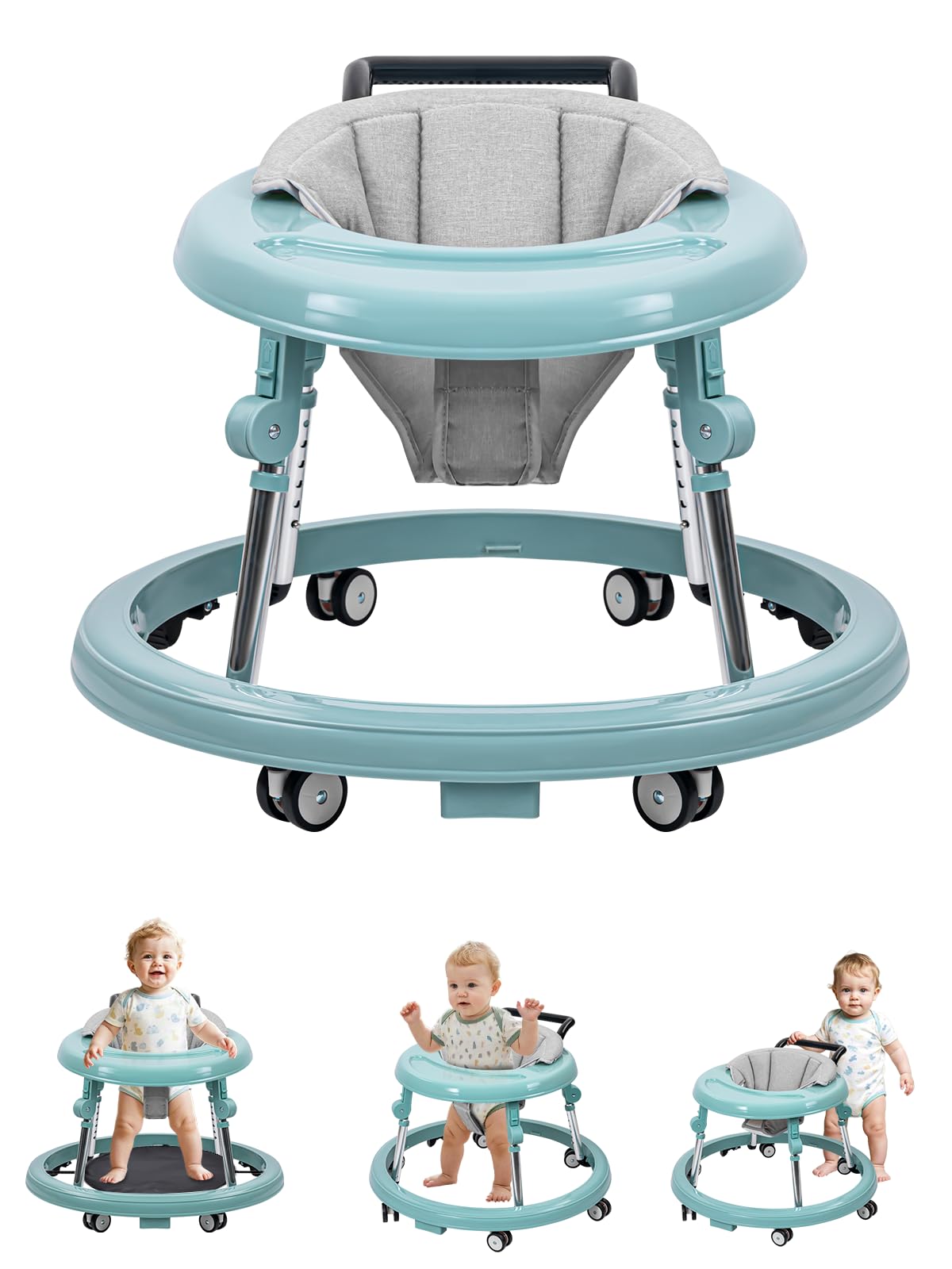 Baby Walker with Wheels, Activity Center with Mute Wheels Anti-Rollover, 5-Position Height Adjustable Foldable Baby Walker for Boys and Girls from 6-18 Months with Footrest