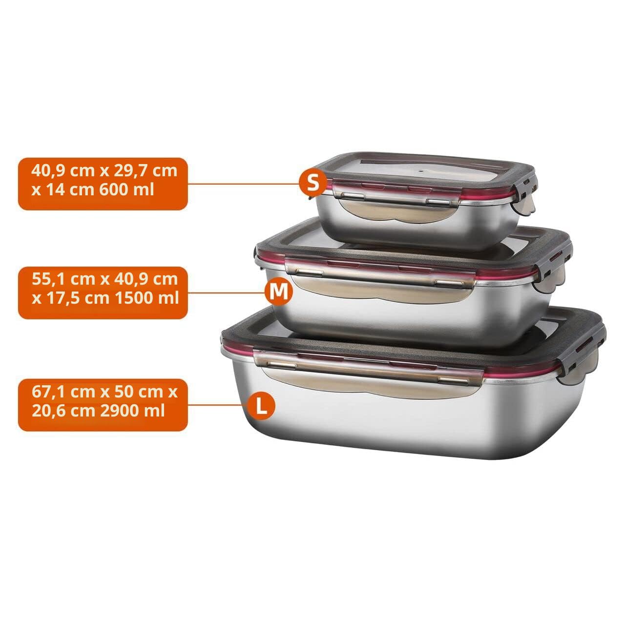 Juego de 3 Recipiente Hermetico para Alimentos de Acero Inoxidable Contenedor de Almacenamiento con Tapa Apilable 600ml/ 1500ml/ 2900ml Aptos para Lavavajillas Nevera Frigorifico
