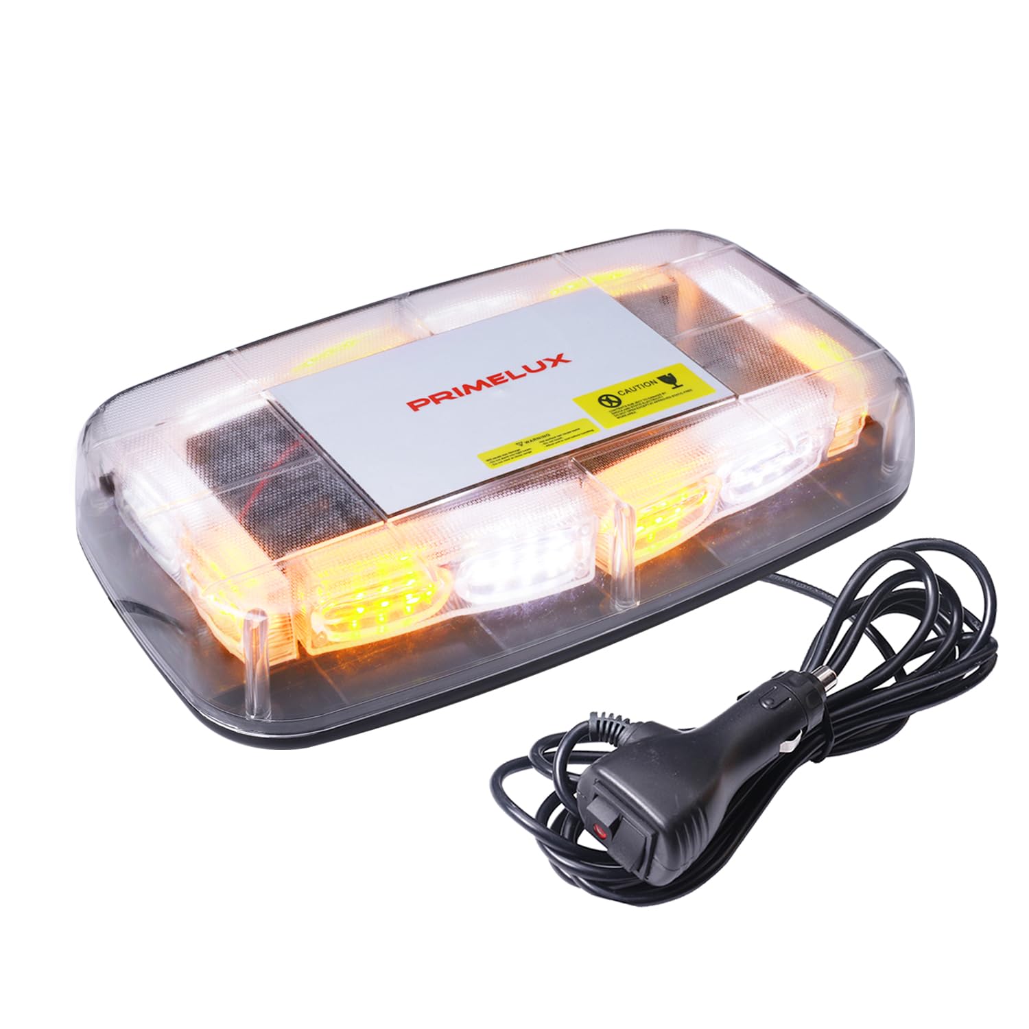 Primelux Emergency Lights for Vehicles, 48 LEDs Beacon Lights for Trucks and Cars, 12V-24V Safety Warning Roof Top Strobe Mini Light Bar, Magnetic Base Mount (Amber/White)