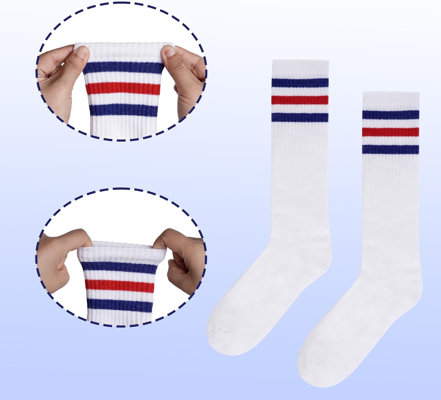 Sucrain 5 Pieces Striped Sweatbands and Socks Set, Sports Sweatbands Wrist Sweat Bands Red, White& Blue High Tube Socks 80s Accessories Costumes for Men Women - Image 3