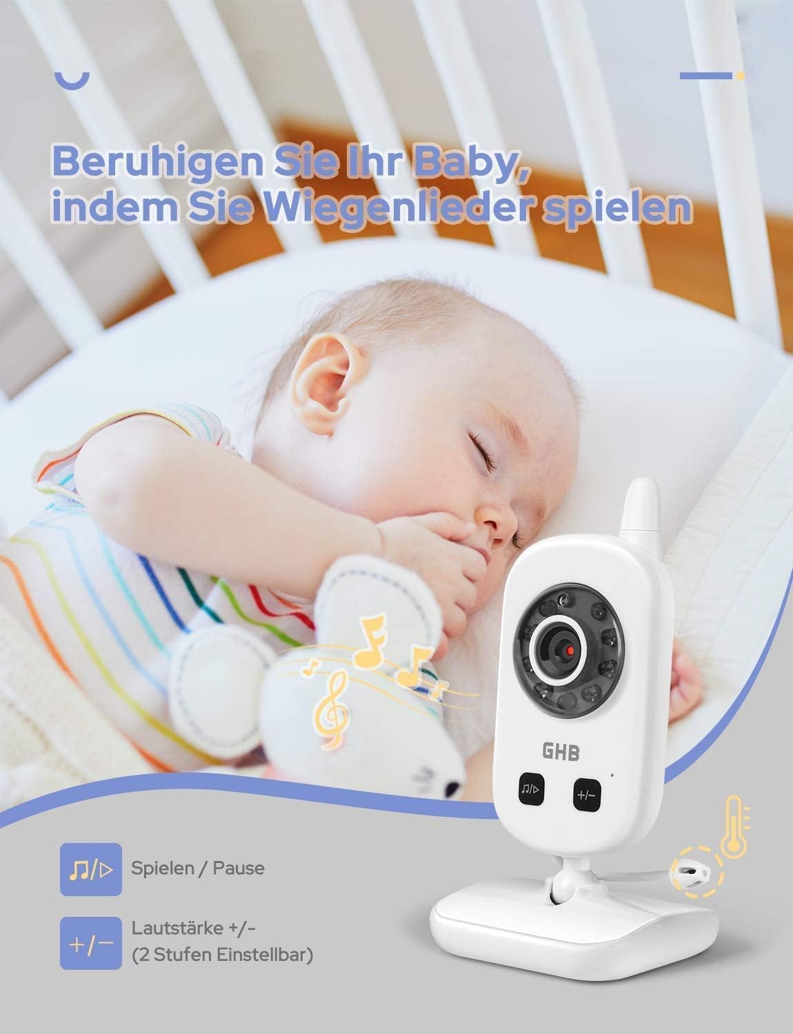 GHB Babyphone mit Kamera 2,4 GHz Baby Monitor Zoom Wiegenlieder ECO Modus mit Nachtsicht 2X Digital
