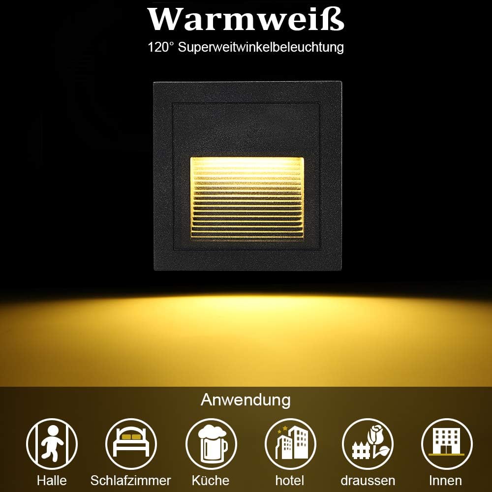 LED Treppenlicht Aluminium 230V 3W Glas Wandleuchten Treppenlicht mit Unterputzdose Treppenlicht Wandleuchte IP65 wasserdicht warmweiß,8 Stück