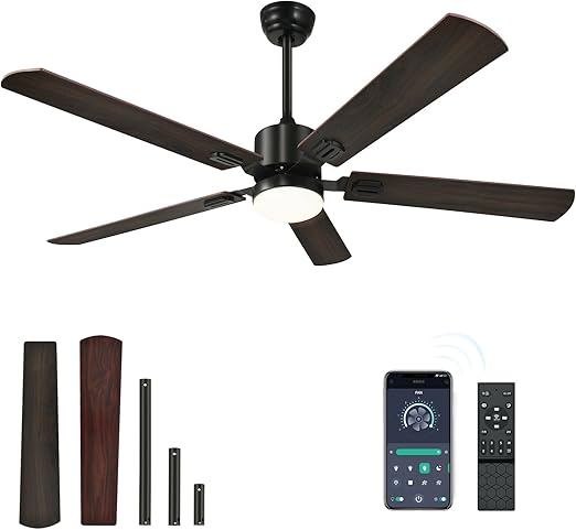 DWVO 60 Inch Smart Ceiling Fan with Light and Remote & APP Control, Modern Black Ceiling Fans with Reversible 6 Speeds Quiet Motor, 3 Color Dimmable, Memory Function, for Bedroom, Outdoor, Indoor