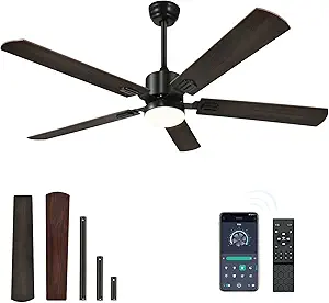 DWVO 60 Inch Smart Ceiling Fan with Light and Remote & APP Control, Modern Black Ceiling Fans with Reversible 6 Speeds Quiet Motor, 3 Color Dimmable, Memory Function, for Bedroom, Outdoor, Indoor