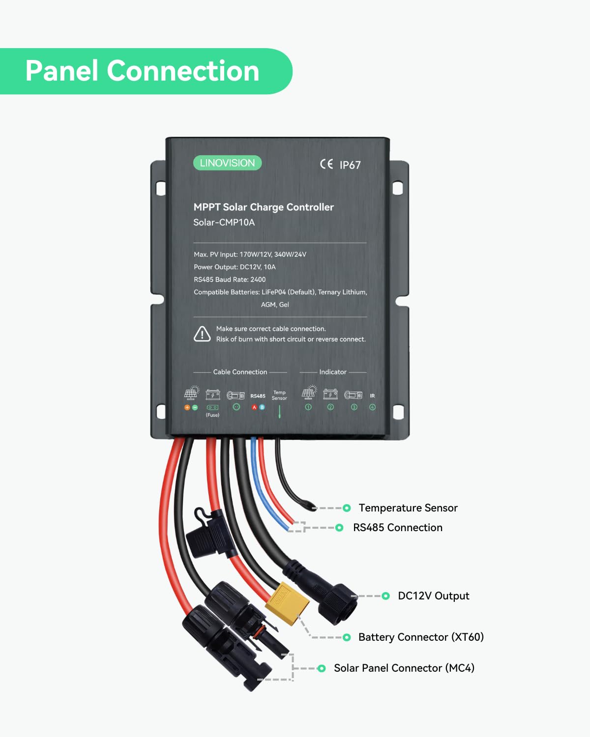 LINOVISION MPPT 12V/24V 10A Contrôleur de charge solaire avec télécommande RS485 et accès au cloud pour le système de caméra alimenté par l'énergie solaire, le lampadaire, la remorque solaire.