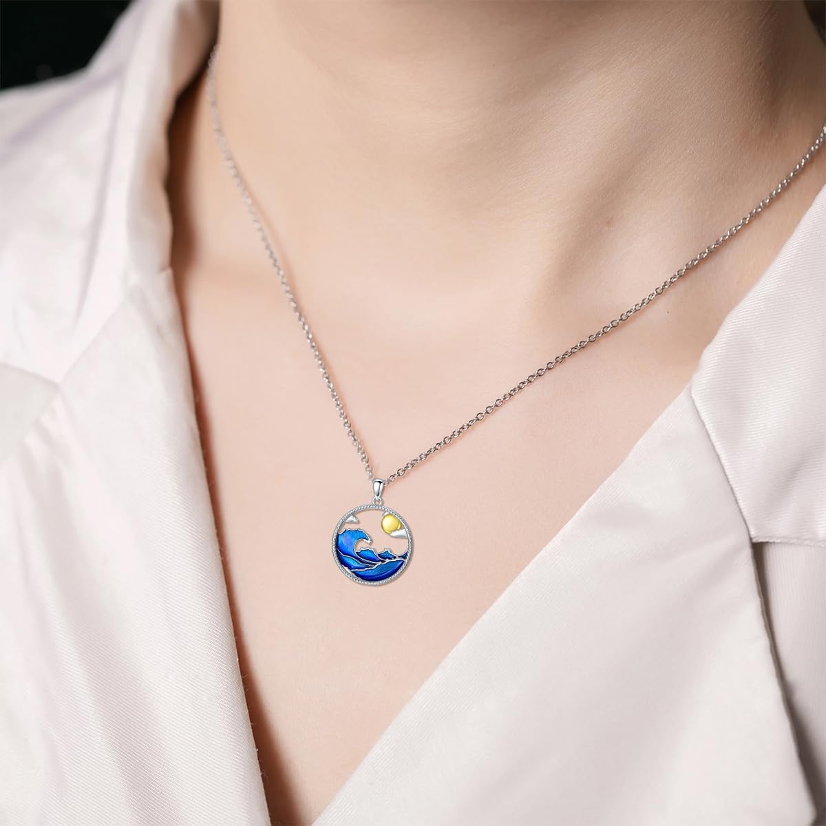 Wave Necklace 925 Sterling Silver Blue Ocean Wave Pendant Necklace Sea Beach Themed Jewelry Gift for Women Surfer - Image 5