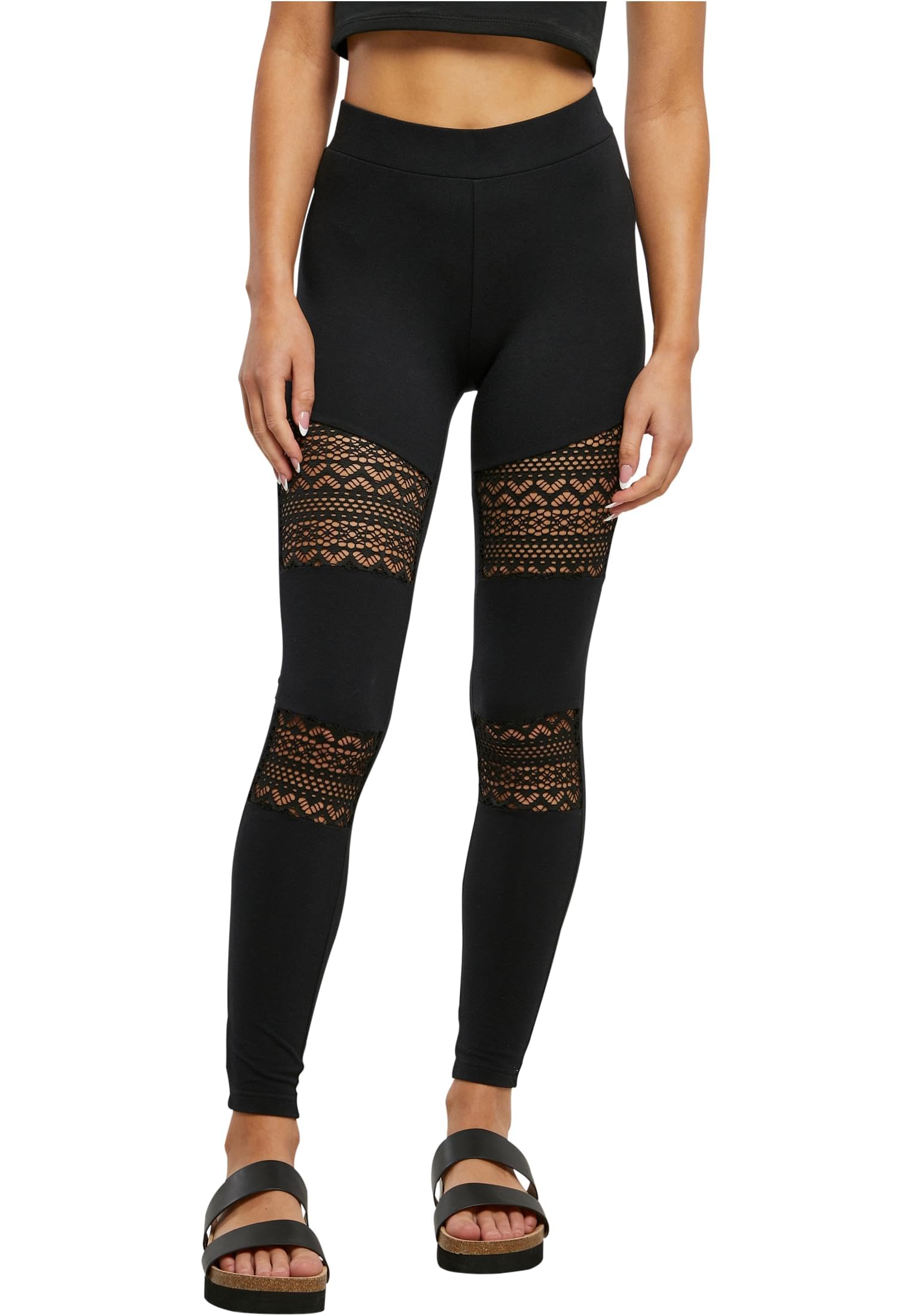 Urban Classics Women's Ladies Crochet Lace Inset Leggings Pants, Black, XS